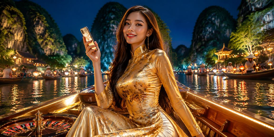 Người phụ nữ mặc áo dài trải nghiệm casino trên điện thoại giữa khung cảnh Ninh Bình